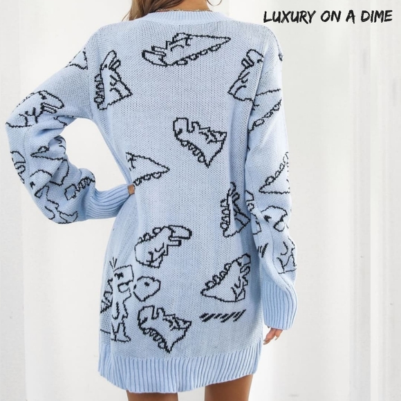 Dinosaur Knit Sweater Dress Round Neck Playful Long Sleeve Oversized Mini Blue - Picture 3 of 8